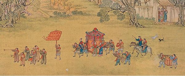 Cảnh tượng đón dâu trong hôn lễ trong bức tranh “Thanh Minh Thượng Hà Đồ” phiên bản thời Thanh. (Ảnh: Tài sản công)