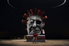 Công trình điêu khắc ‘Virus Trung Cộng’ ở Công viên điêu khắc Liberty, Sa mạc Mojave ở Quận San Bernardino, California. Công trình này đã bị thiêu rụi do một cuộc tấn công đốt phá vào tháng 07/2021. (Ảnh: Đăng dưới sự cho phép của anh Jonas Yuan)