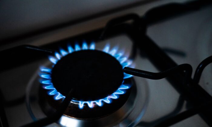 Ngọn lửa khí đốt màu xanh và đỏ trên một bếp ga nhà bếp được chụp ở Copenhagen, Đan Mạch, hôm 16/05/2022. (Ảnh: Ida Marie Odgaard/Ritzau Scanpix/AFP qua Getty Images)