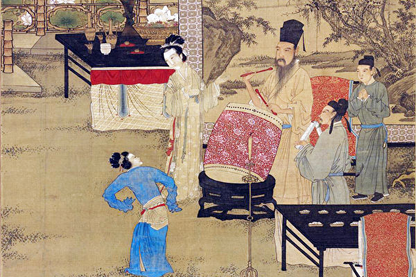 Bức tranh “Hàn Hy Tái Dạ Yến Đồ” của Cố Hoành Trung thời Ngũ Đại, miêu tả khung cảnh yến tiệc do Hàn Hy Tái tổ chức, trong đó có một người mặc xiêm y xanh đang chắp tay chào. (Ảnh: Bảo tàng Cung điện Quốc gia)