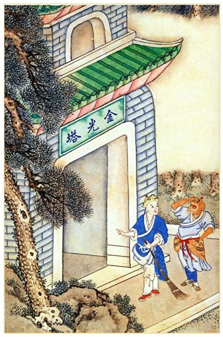 Để giải thoát tai họa cho các chúng tăng, Đường Tăng quyết định đi quét tháp để xem sự tình ra sao. Bức tranh Hồi thứ 62 của