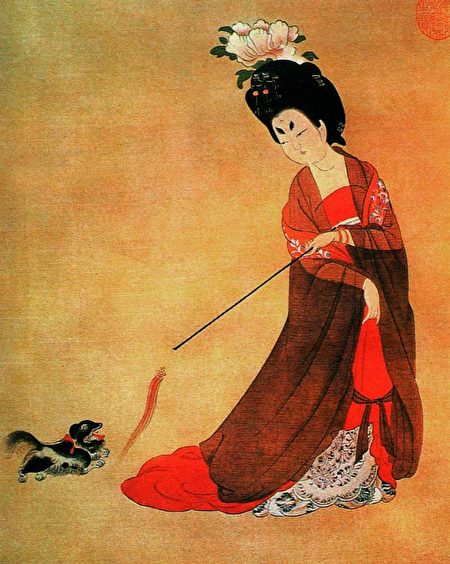 Một cô gái thời Đường đội hoa mẫu đơn trên đầu. Một phần bức tranh