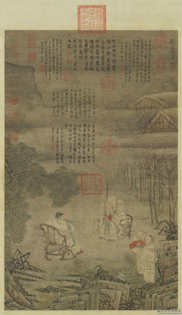 Tô Đông Pha cùng tăng nhân Phật Ấn ở Kim Sơn tự. Bức “Tô Thức lưu đái đồ” của Thôi Tử Trung thời Minh. (Ảnh: Viện bảo tàng Cố cung Đài Bắc cung cấp)