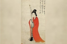 Phùng Liêu vốn là thị nữ của Công chúa Giải Ưu, nàng chẳng cần phí một binh một tốt nào đã dẹp yên chiến loạn nơi biên cảnh. Một phần bức “Trì tiết sĩ nữ đồ” của Khang Đào thời nhà Thanh, vẽ màu trên giấy, lưu trữ tại Bảo tàng tỉnh Chiết Giang. (Ảnh: Tài sản công)