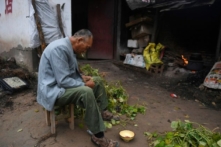 Một người đàn ông nhặt quả đậu ngoài sân nhà mình tại một ngôi làng gần sông Hoàng Hà ở huyện Lan Khảo, tỉnh Hà Nam, vào ngày 28/09/2017. (Ảnh: Greg Baker/AFP/Getty Images)