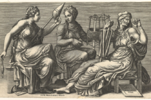 “The Three Fates Clotho, Lachesis, and Atropos” (Bộ ba chị em số phận: Clotho, Lachesis, và Atropos), 1558-1559, họa sĩ Giorgio Ghisi vẽ, phỏng theo tác phẩm của họa sĩ Giulio Romano. Bản in, trưng bày tại Viện bảo tàng Mỹ thuật Metropolitan ở New York. (Ảnh: Tài sản công)