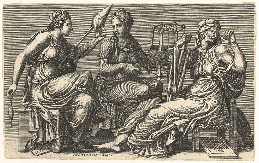 “The Three Fates Clotho, Lachesis, and Atropos” (Bộ ba chị em số phận: Clotho, Lachesis, và Atropos), 1558-1559, họa sĩ Giorgio Ghisi vẽ, phỏng theo tác phẩm của họa sĩ Giulio Romano. Bản in, trưng bày tại Viện bảo tàng Mỹ thuật Metropolitan ở New York. (Ảnh: Tài sản công)