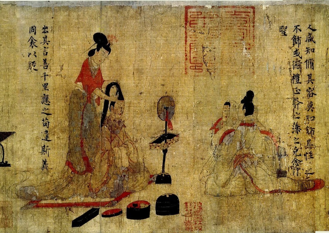 “Nữ sử châm đồ” của Cố Khải Chi: Người ta chỉ biết tô điểm vẻ ngoài mà không biết trau dồi tâm tính. Một phần bức tranh sao chép lưu trữ tại Bảo tàng Vương quốc Anh. (Ảnh: Tài sản công)