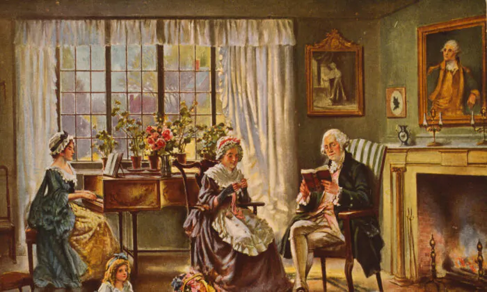 Ngài George Washington đọc sách cùng gia đình trong phòng khách. Tác phẩm “Washington at Home” (Ngài Washington ở nhà) của họa sĩ E. Percy Moran, khoảng năm 1911. Bản in quang cơ của bức tranh nguyên gốc. Thư viện Quốc hội. (Ảnh: Tài sản công)