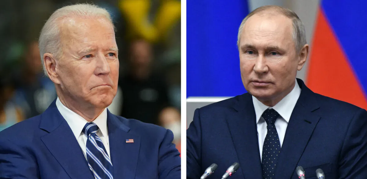 (Bên trái) Tổng thống Joe Biden chờ đến lượt diễn thuyết khi ông đến thăm Trung tâm Leo núi Sportrock ở Alexandria, Virginia, vào ngày 28/05/2021. (Ảnh: Mandel Ngan/AFP qua Getty Images); (Bên phải) Tổng thống Nga Vladimir Putin có bài diễn văn trong một cuộc họp với các nghị sĩ trong Hội đồng Lập pháp của Quốc hội Liên bang, tại Cung điện Tauride, ở Saint Petersburg, Nga, vào ngày 27/04/2021. (Ảnh: Alexei Danichev/Sputnik/AFP qua Getty Images)