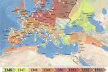 Bản đồ con đường lây lan của Cái chết Đen ở u Châu trong khoảng thời gian từ năm 1346 đến năm 1353. (Ảnh: Tài sản công)