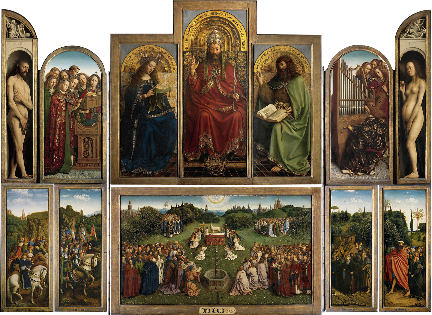 Bức tranh “Ghent Altarpiece” của anh em danh họa Hubert và Jan van Eyck, năm 1432. Tranh sơn dầu trên gỗ. Nhà thờ chính tòa Thánh Bavo, thành phố Ghent, Bỉ. (Ảnh: Tài sản công)