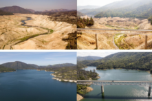 Ảnh ghép tổng hợp các bức ảnh chụp từ trên không này được tạo ra hôm 17/04/2023, cho thấy hình ảnh Hồ Oroville ở Oroville, California, ngày 05/09/2021 (bên trên) và ngày 16/04/2023 (bên dưới). (Ảnh: Josh Edelson/AFP qua Getty Images)
