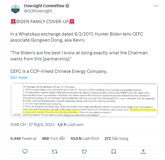 Người tố cáo: Ông Hunter Biden đã yêu cầu công ty có liên kết với ĐCSTQ 10 triệu USD cho ‘mối quan hệ đối tác’ với ‘gia đình nhà Biden’