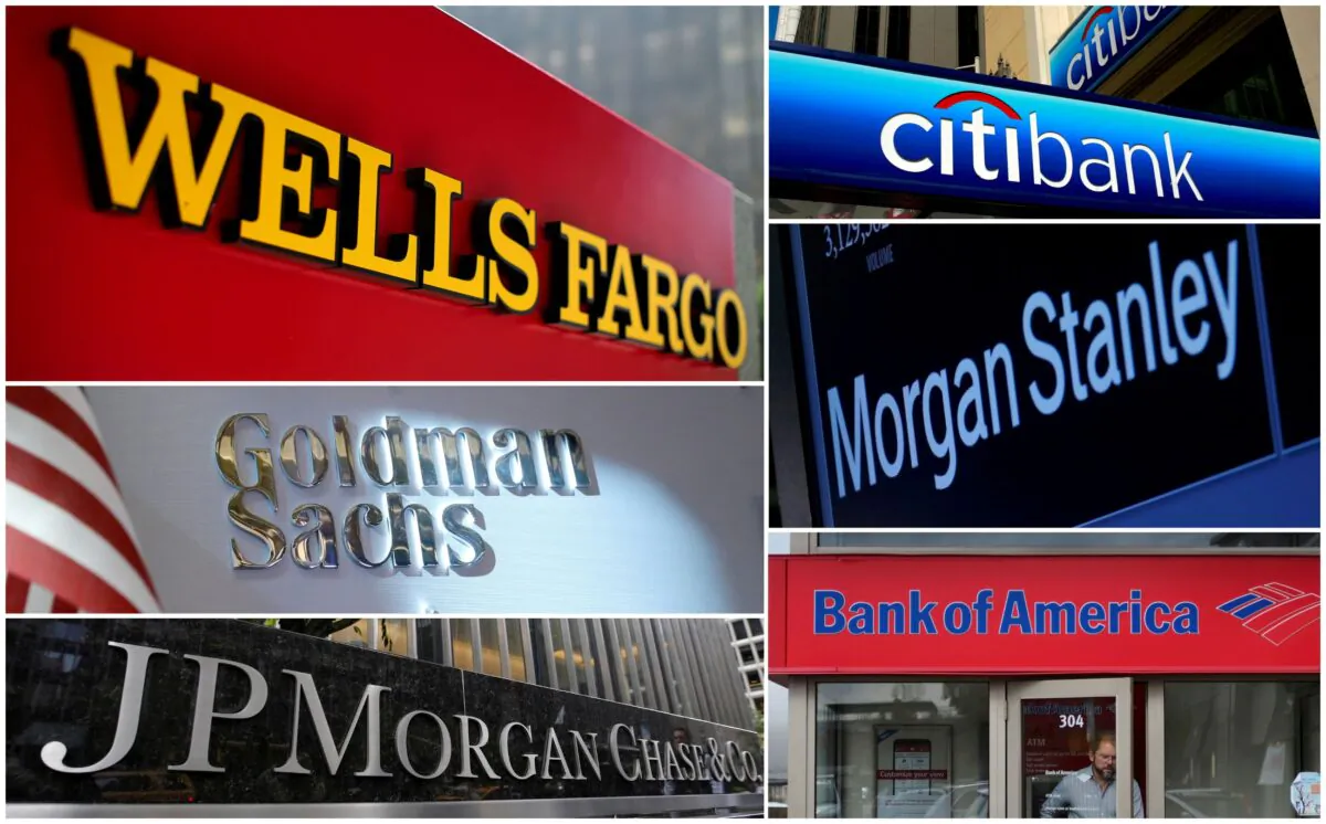 Hình ảnh kết hợp bảng hiệu các ngân hàng Wells Fargo, Citibank, Morgan Stanley, JPMorgan Chase, Bank of America và Goldman Sachs từ kho lưu trữ tư liệu của Reuters. (Ảnh tư liệu/Reuters)