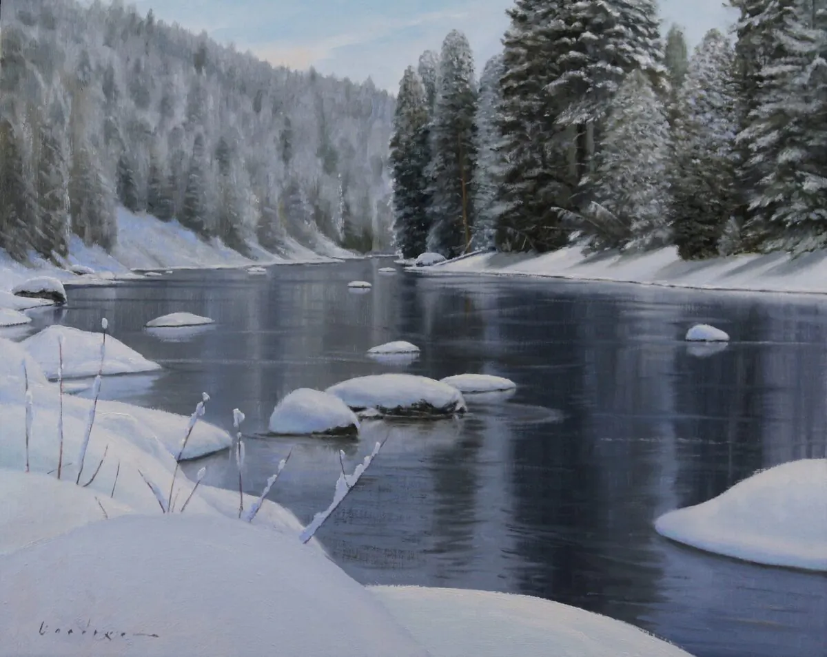 Một chi tiết của tác phẩm “Flowing Stillness” (Dòng chảy tĩnh lặng) của họa sĩ Jake Gaedtke, vẽ năm 2019. Tranh sơn dầu trên vải canvas; Kích thước: 16 inch x 20 inch. (Ảnh: Jake Gaedke)