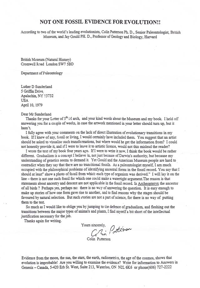 Thư của Tiến sĩ Patterson gửi kỹ sư Sunderland vào năm 1979: “Không có bất kỳ một hóa thạch nào có thể chứng minh cho thuyết tiến hóa!!” (Ảnh chụp màn hình trang web)