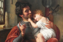 Văn học mang đến cho chúng ta nhiều hình mẫu về chủ nghĩa anh hùng của những người cha hy sinh bản thân, đem đến điều tốt đẹp cho gia đình họ. Một phần của bức tranh “The Warrior and His Child” (Người chiến binh và con trai) của họa sĩ Theodor Hildebrandt vẽ năm 1832. Tranh sơn dầu trên vải canvas, trưng bày tại Old National Gallery, Berlin. (Ảnh: Tài liệu công cộng)