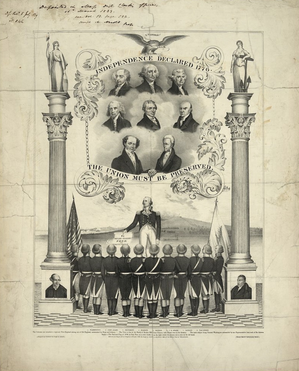Đài tưởng niệm Tuyên ngôn Độc lập và Cách mạng Mỹ. Trên đế cột là chân dung của tướng Joseph Warren trong Chiến tranh Cách mạng Mỹ (trái) và Hầu tước Lafayette. Tác phẩm “Independence declared 1776” (Tuyên bố độc lập năm 1776) do ông Joseph A. Arnold thiết kế với bản in thạch bản của họa sĩ Thomas Moore, năm 1839. Thư viện Quốc hội. (Ảnh: Tài liệu công cộng)