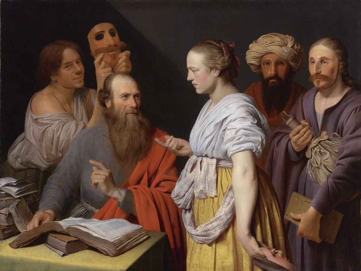 Bức tranh mô tả một học giả đang làm nghiên cứu của mình với các nhân vật đeo mặt nạ, do họa sĩ Willem van der Vliet vẽ, năm 1627. Tranh sơn dầu trên vải canvas. Bộ sưu tập tư nhân. (Ảnh: Tài liệu công cộng)