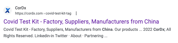 Ảnh chụp màn hình kết quả tìm kiếm của Google cho CorDx được chụp hôm 25/09/2023. (Ảnh chụp màn hình qua The Epoch Times)