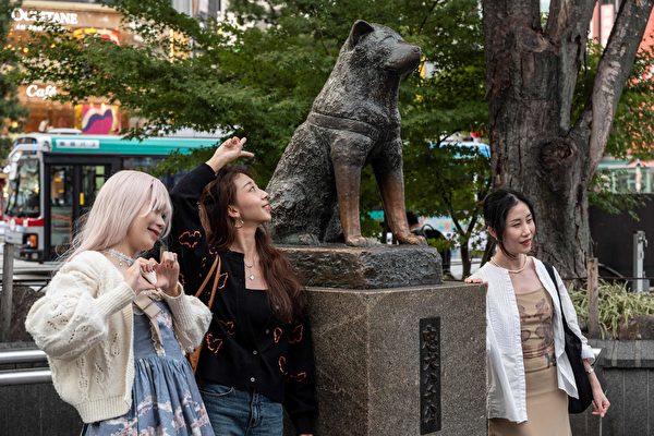 Du khách chụp ảnh cùng bức tượng chú chó trung thành Hachiko trước ga Shibuya ở Tokyo. Ảnh chụp vào ngày 06/11/2023. (Ảnh: RICHARD A. BROOKS/AFP/Getty Images)
