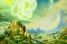 Ý tưởng cho bức tranh sơn dầu về một ngôi làng bình dị với một bông hoa sen thiêng liêng nở trong một thiên hà xa xôi đến với anh Hoàng Quảng Vũ trong một giấc mơ. (Ảnh: Minghui.org)