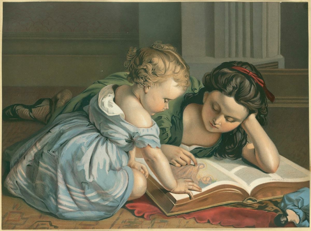 Bức tranh “The First Bible Lesson” (Bài học Kinh Thánh đầu tiên), năm 1861-1897, nhà xuất bản L. Prang & Co. phát hành, Thư viện Công cộng Boston. (Ảnh: Tài liệu công cộng)