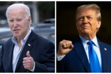 (Trái) Tổng thống Joe Biden giơ ngón tay cái khi rời Nhà thờ Công giáo La Mã St. Edmond ở Bãi biển Rehoboth, Delaware, hôm 04/11/2023. (Ảnh: Brendan Smialowski/AFP qua Getty Images); (Phải) Cựu Tổng thống Donald Trump theo dõi trong một cuộc vận động tranh cử tại Trendsetter Engineering Inc. ở Houston, hôm 02/11/2023. (Ảnh: Brandon Bell/Getty Images)
