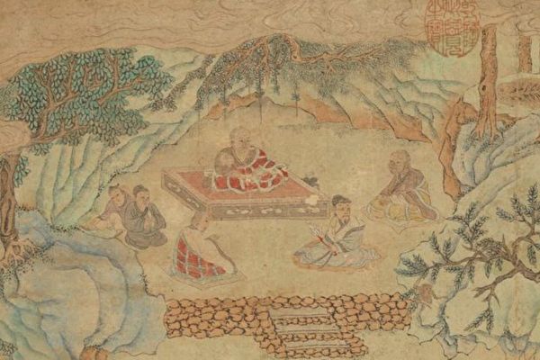 Vạn Hồi là một cao tăng nổi tiếng thời nhà Đường. Ông có thể tiên đoán vận mệnh của người khác. Bức “Liên xã đồ” do Văn Trưng Minh và Cừu Anh thời Minh kết hợp mô phỏng của Lý Công Lân. (Ảnh: Tài sản công)