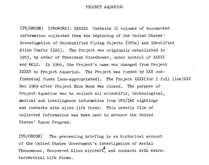 Một đoạn trích của tài liệu liên quan đến Dự án Aquarius. (Ảnh: Thư viện & Bảo tàng Tổng thống Ronald Reagan)