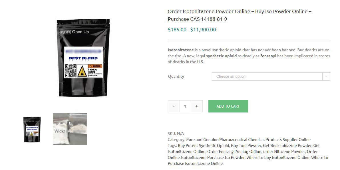 Một trang web trên mạng Internet rao bán nitazine, một loại thuốc phiện gây nguy hiểm đến tính mạng. (Ảnh chụp màn hình của Rex Widerstrom/The Epoch Times)