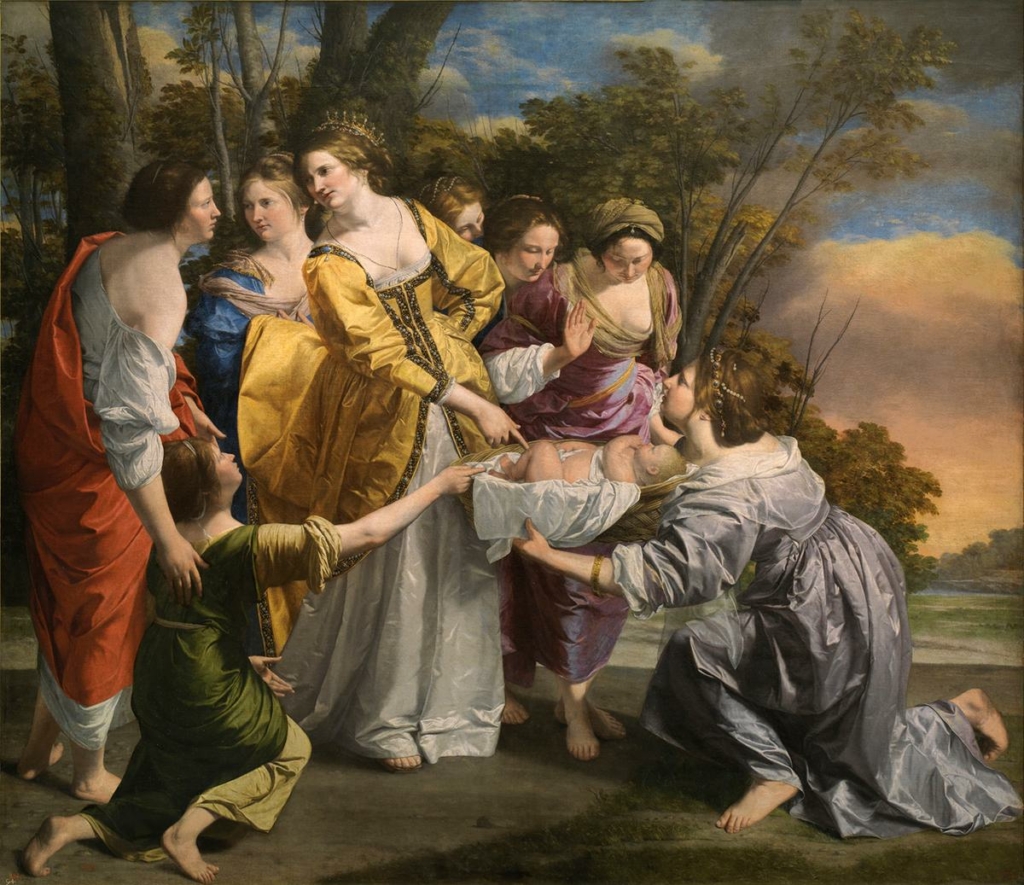 Bức tranh “The Finding of Mose” (Tìm thấy Thánh Moses) của họa sĩ Orazio Gentileschi, năm 1633. Sơn dầu trên vải canvas; 95.2 inch x 110.6 inch (~ 242 cm x 281 cm). Bảo tàng Prado, Madrid. (Ảnh: Tài liệu công cộng)