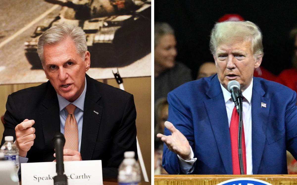 Cựu Chủ tịch Hạ viện Kevin McCarthy (ảnh bên trái). (Ảnh: Madalina Vasiliu/The Epoch Times); và Cựu Tổng thống Donald Trump (ảnh bên phải). (Ảnh: Andrew Caballero-Reynolds/AFP qua Getty Images)
