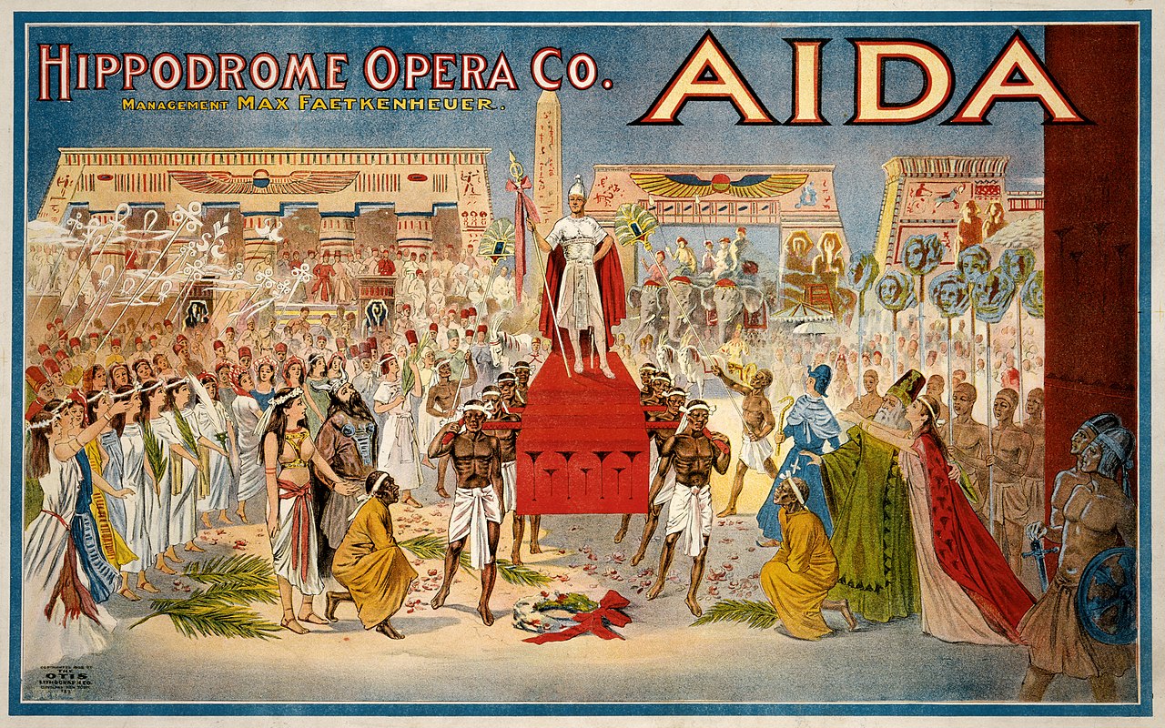 Bích chương cho vở kịch “Aida” do nhà soạn nhạc Giuseppi Verdi sáng tác năm 1908 ở Cleveland, thể hiện khung cảnh khải hoàn trong Màn 2, Cảnh 2. (Ảnh: Tài liệu công cộng)