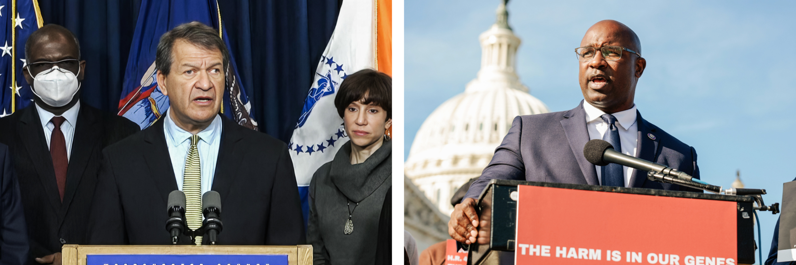 Quản trị viên Quận Westchester, George Latimer (ở giữa) nói tại một cuộc họp báo ở White Plains, New York, vào ngày 20/01/2023, trong một cảnh trích xuất từ video. (Ảnh: Quận Westchester qua AP/Ảnh chụp màn hình qua The Epoch Times)