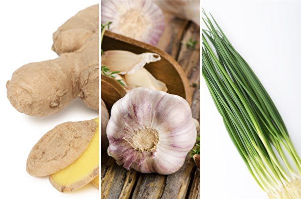 Hành, gừng, tỏi là những nguyên liệu giúp tăng cường dương khí trong cơ thể vào tiết Lập xuân. (Ảnh: Fotolia/Epoch Times tổng hợp)