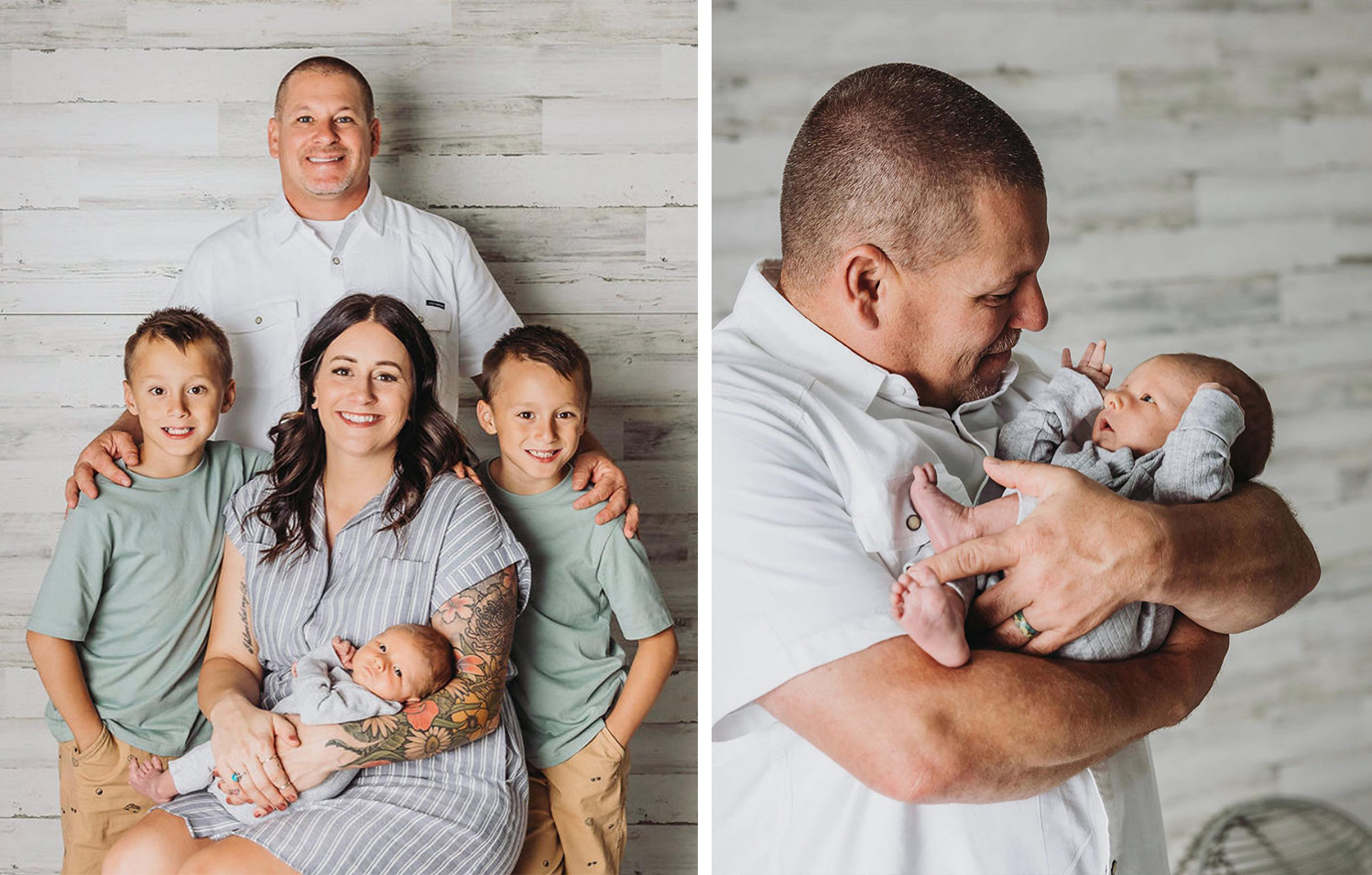 (Trái) Một bức ảnh gia đình với cha mẹ, hai con trai sinh đôi của cô Polk và bé trai sơ sinh Lawson của họ; (Phải) Anh Shawn Lott và con trai mới sinh của anh, bé Lawson. (Ảnh: Đăng dưới sự cho phép của cô Jackie Polk )