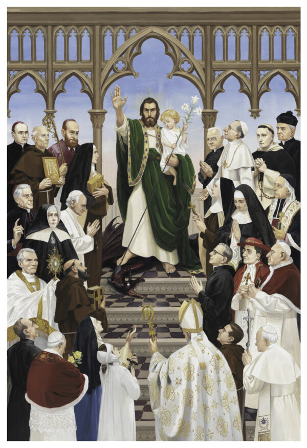 Bức tranh “Consecration to St. Joseph” (Tận Hiến cho Thánh Joseph), năm 2019, của họa sĩ Bernadette Carstensen. Màu Gouache trên bảng màu nước; 76 cm x 102 cm. Được cha Fr. Donald Calloway ủy thác thực hiện cho cuốn sách của ông, “Consecration to St. Joseph: The Wonders of Our Spiritual Father” (Tận Hiến cho Thánh Joseph: Những Điều Kỳ Diệu về Người Cha Thiêng Liêng của Chúng Ta). (Ảnh: Bernadette Carstensen)