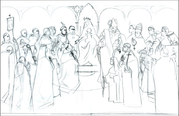 Phác thảo bố cục sơ bộ là một bước quan trọng trong quá trình vẽ tranh minh họa của họa sĩ Bernadette Carstensen, đặc biệt là trong các bố cục phức tạp, nhiều nhân vật, chẳng hạn như bức tranh “Dominicans” (Các Tu Sĩ Dòng Đa Minh). (Ảnh: Đăng dưới sự cho phép của Bernadette Carstensen)