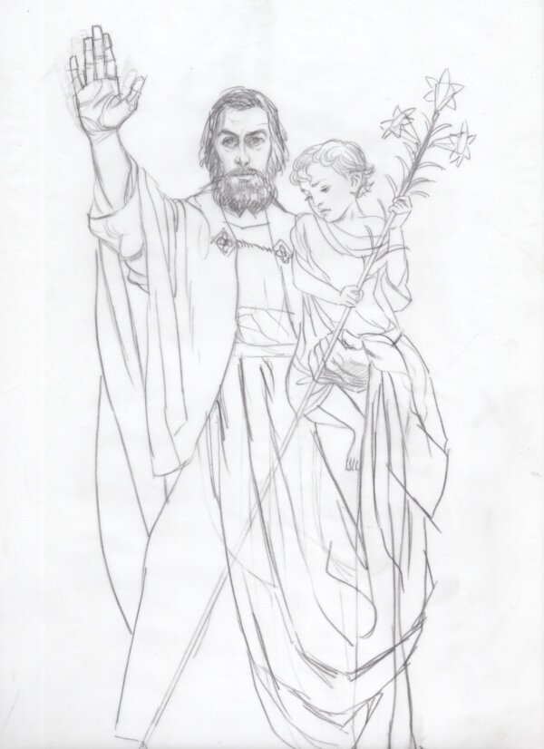 Một nghiên cứu phác thảo về tư thế đầy sức mạnh trong tác phẩm “St. Joseph Terror of Demons” (Thánh Joseph Khiến Ác Quỷ Khiếp Nhược) của họa sĩ Bernadette Carstensen. (Ảnh: Đăng dưới sự cho phép của Bernadette Carstensen)