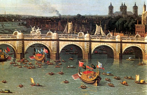 Vào năm 1717, một buổi biểu diễn âm nhạc chúc mừng trên sông Thames đã làm hài lòng người dân Anh quốc. Bức tranh “Westminster Bridge on Lord Mayor’s Day” (Cầu Westminster vào Ngày Thị Trưởng), năm 1746, của họa sĩ Canaletto. (Ảnh:Tài liệu công cộng)