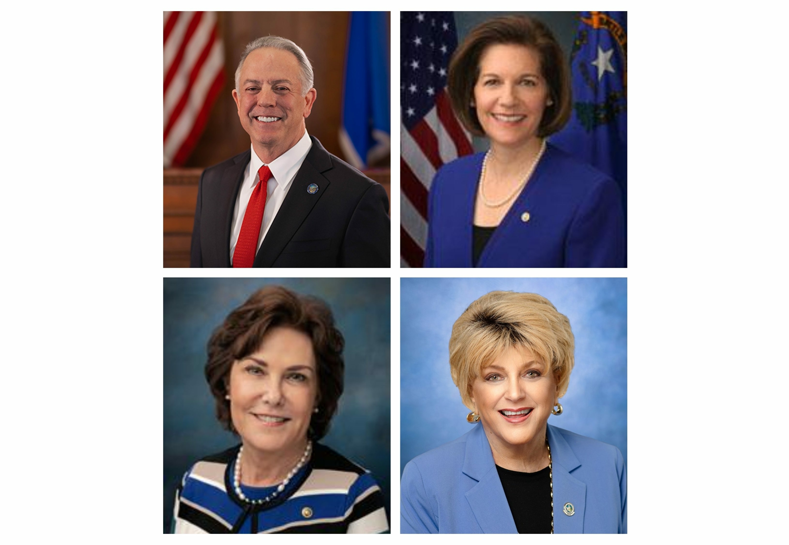 Mùa lưu diễn năm 2024 là lần thứ 11 Shen Yun đến Las Vegas. Trước buổi biểu diễn đầu tiên, Thống đốc Nevada Joe Lombrado (phía trên bên trái), Thượng nghị sĩ liên bang Catherine Cortez Masto (phía trên bên phải), Thượng nghị sĩ liên bang Jacky Rosen (phía dưới bên trái) và Thị trưởng Las Vegas Carolyn G. Goodman (phía dưới bên phải) đã lần lượt gửi thư chúc mừng và chúc buổi biểu diễn thành công tốt đẹp. (Ảnh: Trang web chính phủ/Epoch Times tổng hợp)