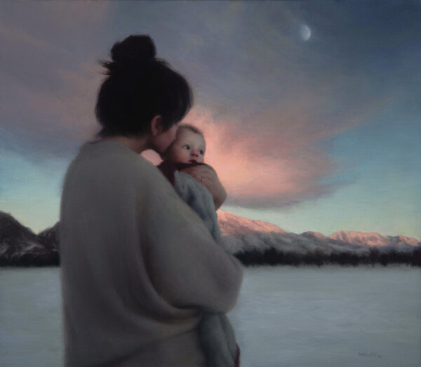 Họa sĩ John Darley miêu tả lần nhìn thấy tuyết đầu tiên của cậu con trai thứ hai Jude trong bức tranh “First snow” (Lần đầu ngắm tuyết). Sơn dầu trên vải lanh; 16 inch x 18 inch (~40,6cm x 46cm). (Ảnh: Đăng dưới sự cho phép của họa sĩ John Darley)