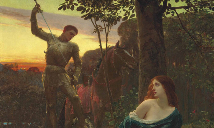 Một chi tiết trong tác phẩm “Chivalry” (Tinh thần hiệp sỹ) của họa sỹ Frank Bernard Dicksee, năm 1885. Tranh sơn dầu trên vải canvas. Bộ sưu tập tư nhân. (Ảnh: Tư liệu công cộng)