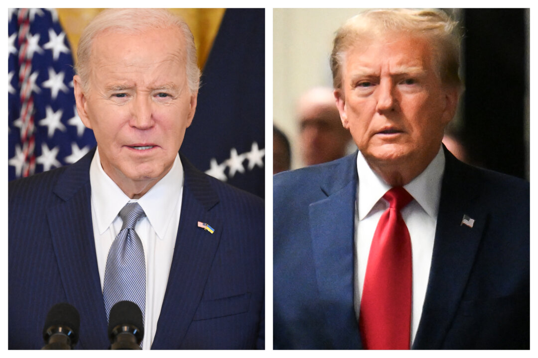 (Trái) Tổng thống Joe Biden trình bày trước một nhóm thống đốc lưỡng đảng tại Phòng phía Đông của Tòa Bạch Ốc ở Thủ đô Hoa Thịnh Đốn, trong Cuộc họp mùa đông của Hiệp hội Thống đốc Quốc gia, hôm 23/02/2024. (Phải) Cựu Tổng thống Donald Trump đến Tòa án Hình sự Manhattan để dự phiên xét xử vụ án tiền bịt miệng để che đậy chuyện ngoại tình ở Thành phố New York, hôm 15/02/2024. (Ảnh: Saul Loeb/AFP qua Getty Images; Angela Weiss/AFP qua Getty Images)