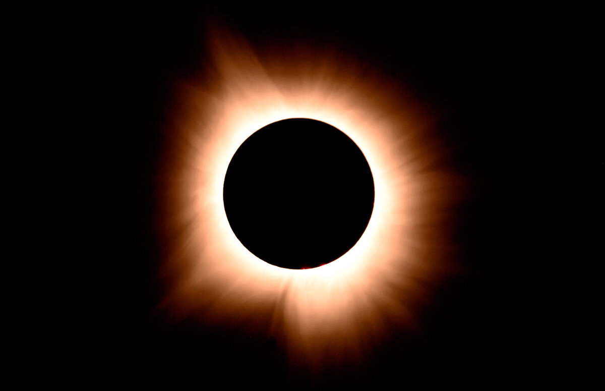 Mặt trăng che khuất mặt trời trong hiện tượng nhật thực toàn phần trên khắp Bắc Mỹ, ở Bloomington, Indiana, hôm 08/04/2024. Đường đi của nhật thực toàn phần năm nay rộng 115 dặm (185 km) và đi qua nơi sinh sống của gần 32 triệu người Mỹ, cộng thêm 150 triệu người sống ở khu vực cách dải nhật thực này chưa đầy 200 dặm (321.86 km). Đến năm 2044, phần lớn Bắc Mỹ mới có thể thấy lại hiện tượng nhật thực toàn phần lần tiếp theo. (Ảnh: Josh Edelson/AFP)