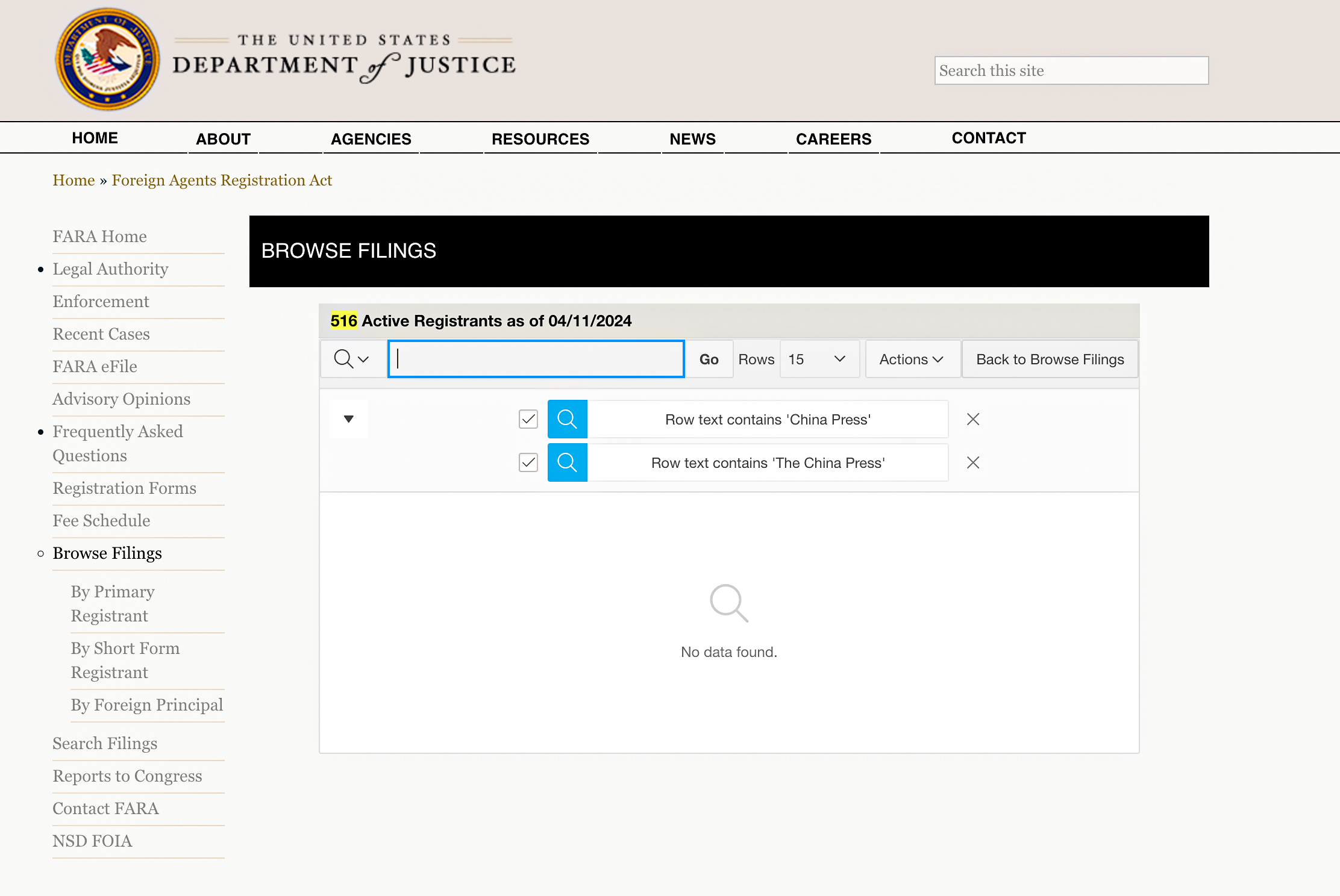 Ảnh chụp màn hình cho thấy báo China Press không nằm trong danh sách Đạo luật Ghi danh Đại diện Ngoại quốc. (Ảnh: Ảnh chụp màn hình thông qua The Epoch Times, Bộ Tư pháp Hoa Kỳ)