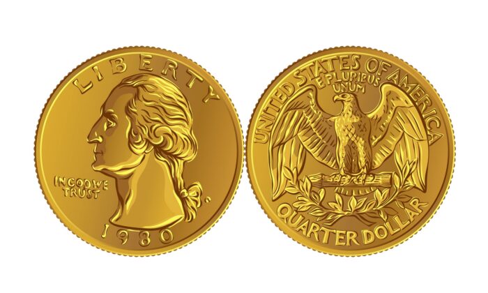 Đồng xu vàng mệnh giá 25 cent của Hoa Thỉnh Đốn, mặt trước là tổng thống đầu tiên của Hoa Kỳ, George Washington, con đại bàng đầu trắng ở mặt sau. (Ảnh: kavalenkava/Shutterstock)