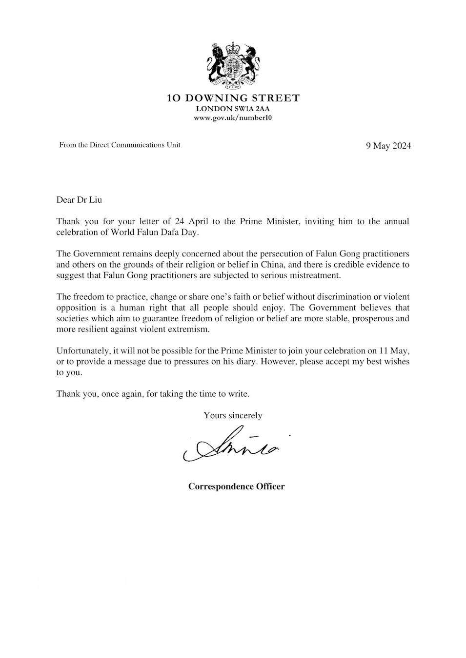 Thư của Văn phòng Thủ tướng. (Ảnh: Phật học hội Pháp Luân Đại Pháp tại Anh quốc cung cấp)